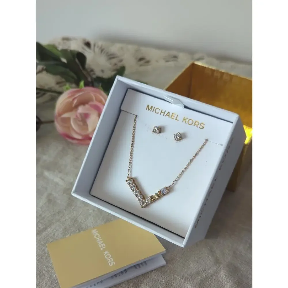 Michael Kors Rose Gold Necklace & Earrings Set  Crystal MK Pendant Jewelry